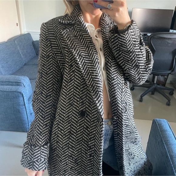 Anine Bing One Button Herringbone Long Coat Black White XS - Picture 3 of 4